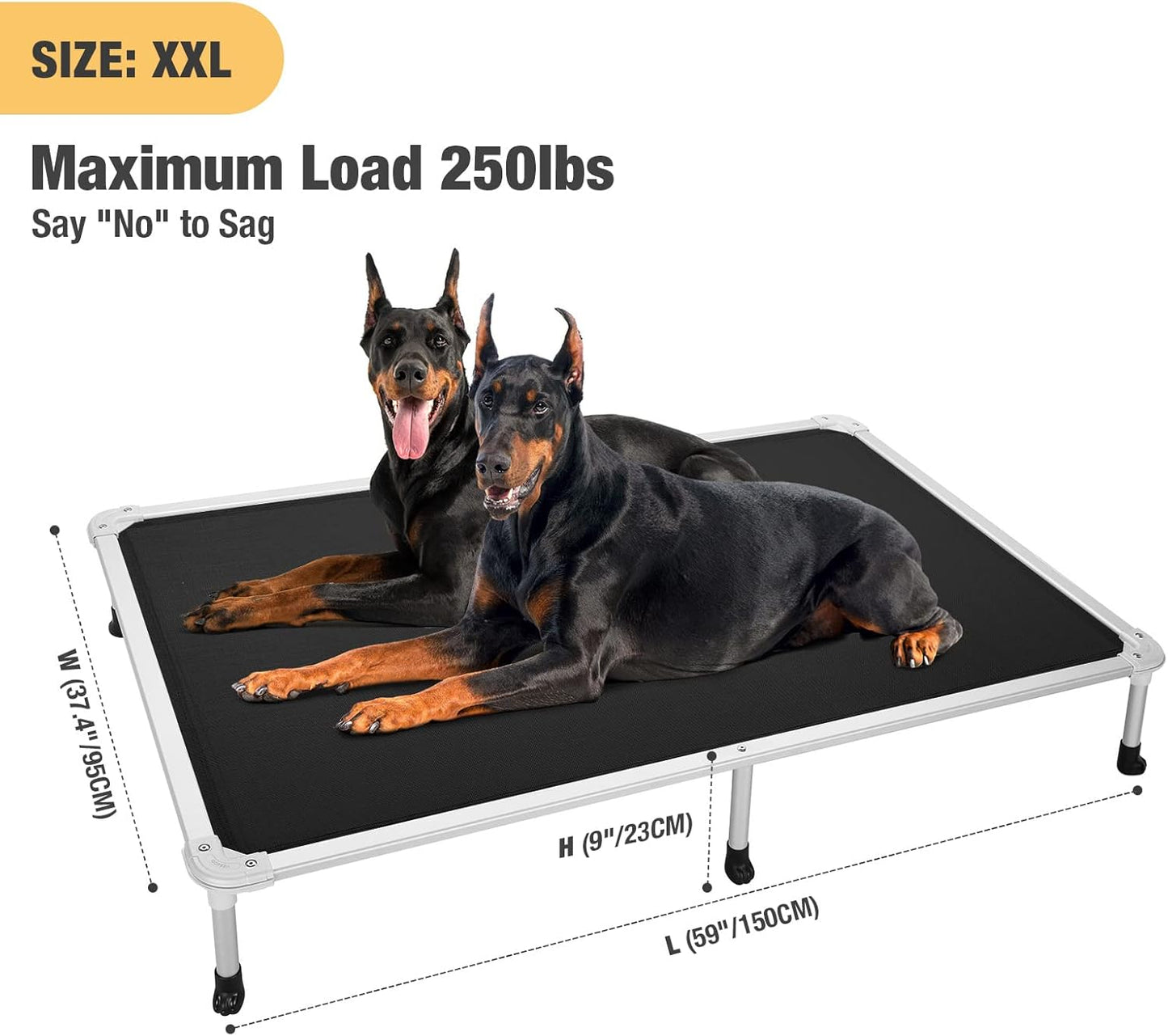 Veehoo Chew Proof Elevated Dog Bed - Cooling Raised Pet Cot - Silver Aluminum Frame and Durable Teslin Mesh Fabric, Unique Designed No-Slip Feet for Indoor or Outdoor Use, Black, XX-Large, CWC2003