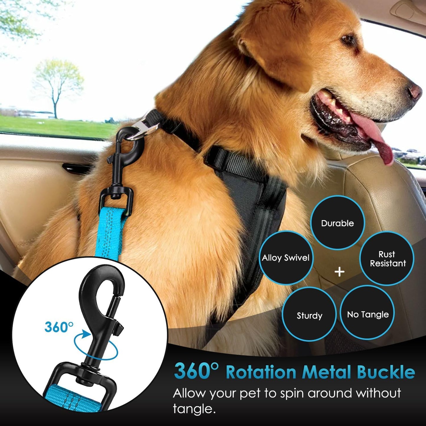 SlowTon Dog Seat Belt, Adjustable Dog Safety Belt Leash, 2 in 1 Latch Bar Attachment Dogs Car Seatbelt with Elastic Nylon Bungee Buffer, Reflective Nylon Belt Tether (TB,35.5in)