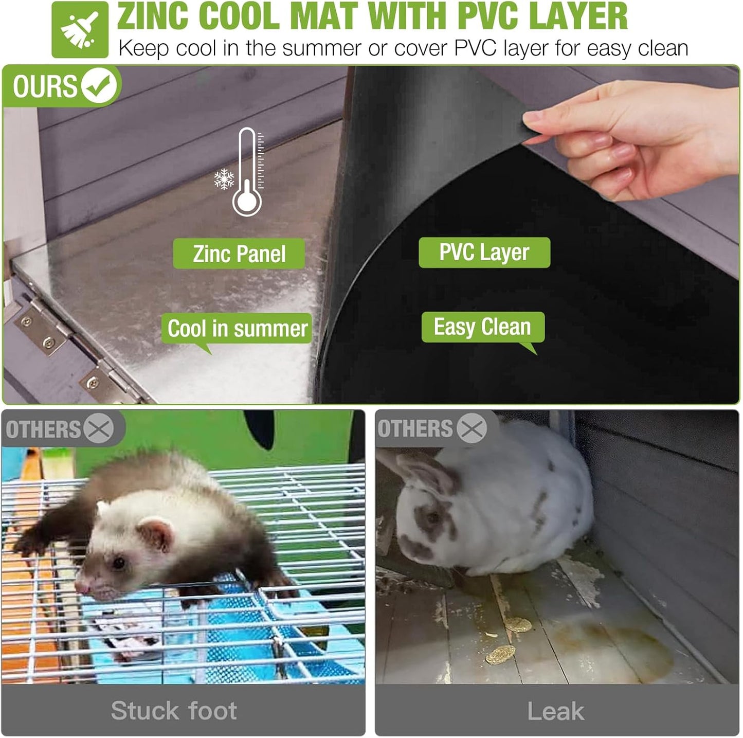 GUTINNEEN Rabbit Hutch Indoor Guinea Pig Cage Bunny House 36.6" Upgraded with Anti Chewing Edges, Cool Zinc Sheet, Leakproof PVC Layer, Wire Floor, Detachable Legs (Grey)