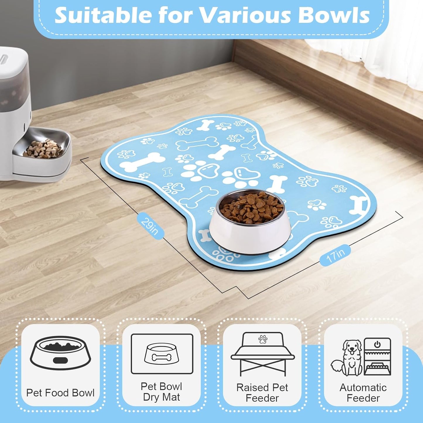 Dog Cat Mat for Food and Water,Rapid Absorbent Pet Feeding Mat, Bone Shaped Dog Placemat Bowl Mat with Rubber Backing,No Stains Pet Food Mats Indoor, Pet Accessories Supplies,Blue 17"×29"