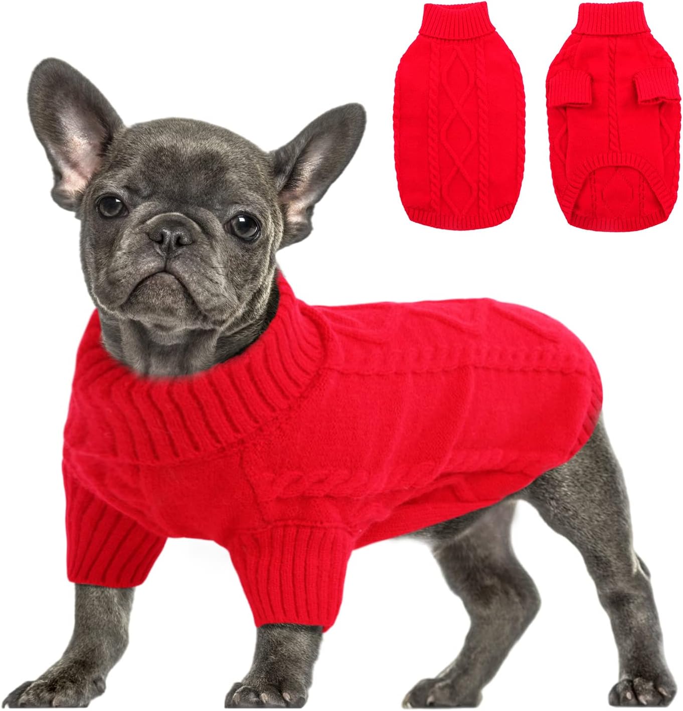 Queenmore Small Dog Pullover Sweater, Cold Weather Cable Knitwear, Classic Turtleneck Thick Warm Clothes for Chihuahua, Bulldog, Dachshund, Pug (Red, Large)