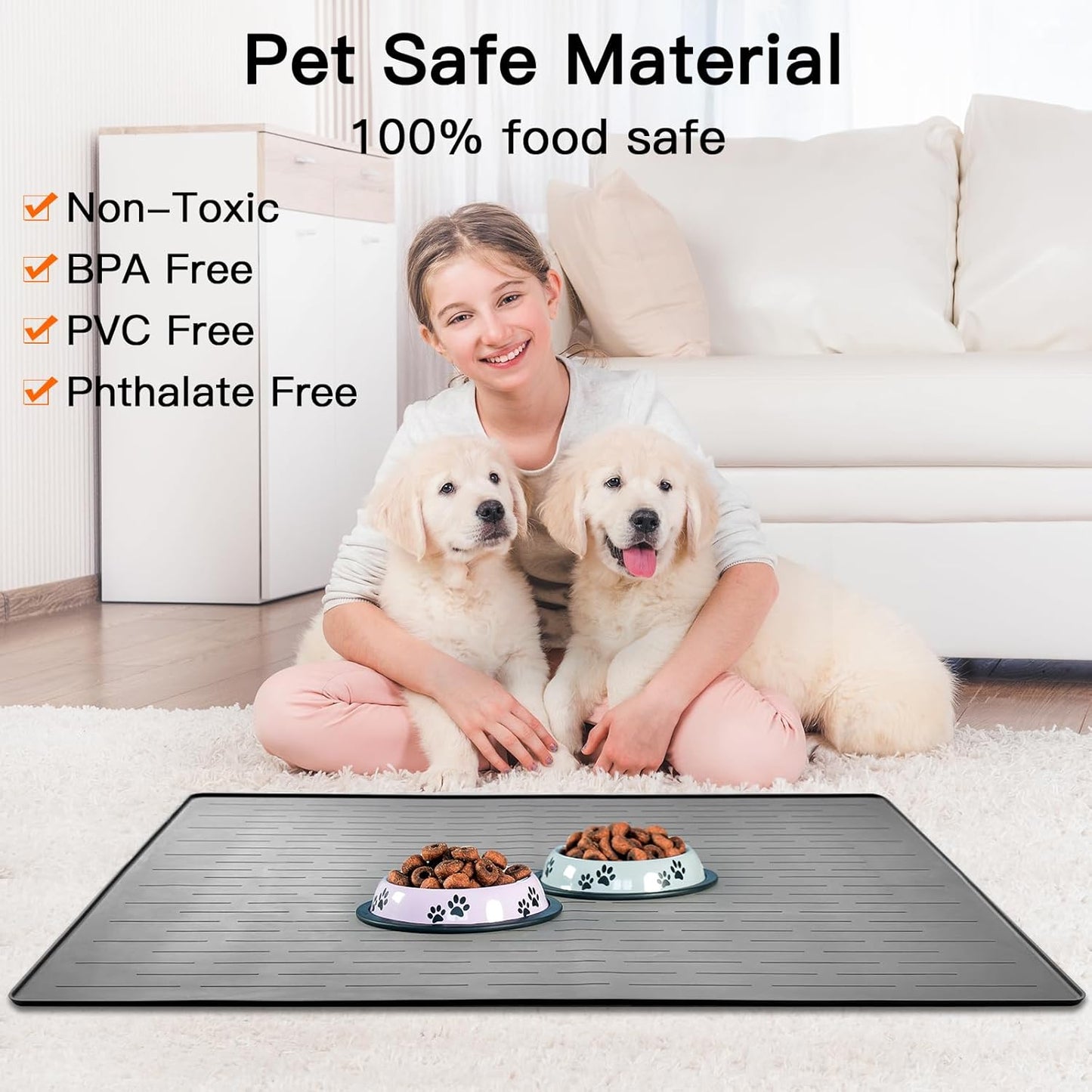 48" x 32" Largest Pet Food Mat, XXXL Silicone Dog Mats for Food and Water, Nonslip Pet Feeding Mats for Floors,Dog Cat Bowl Mat with Raised Edges, Lake Blue