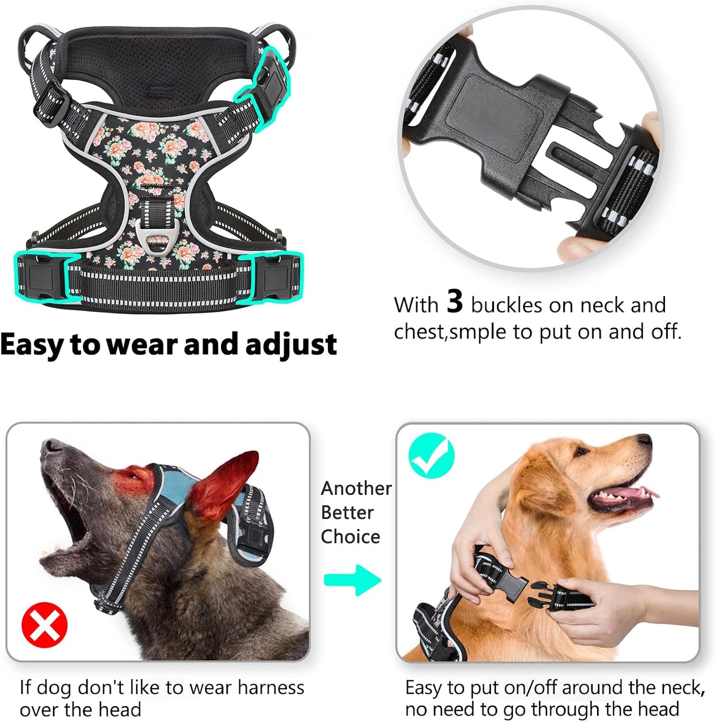 Timos Dog Harness, 3 Snap Buckles No-Pull Soft Padded Dog Vest with 2 Metal Leash Clips,Adjustable Reflective No Choke Pet Harness with Easy Control Handle for Small Dogs,Black Rose,S