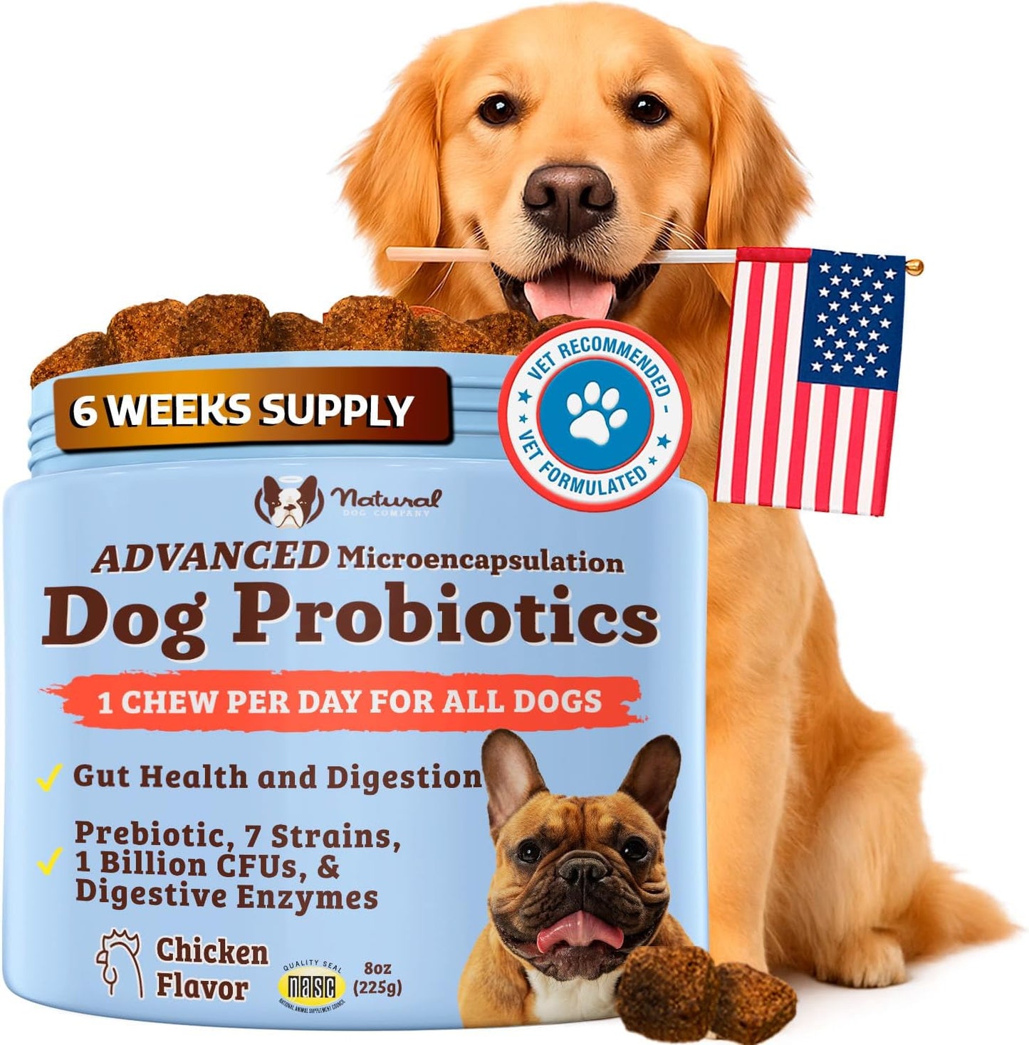 Natural Dog Company Gut Health & Canine Specific Probiotics Chews, 1 Daily Chew for All Dogs, Prebiotics & Digestive Enzymes for Digestion, Gas, Loose Stool, Immune System & Bowel Support