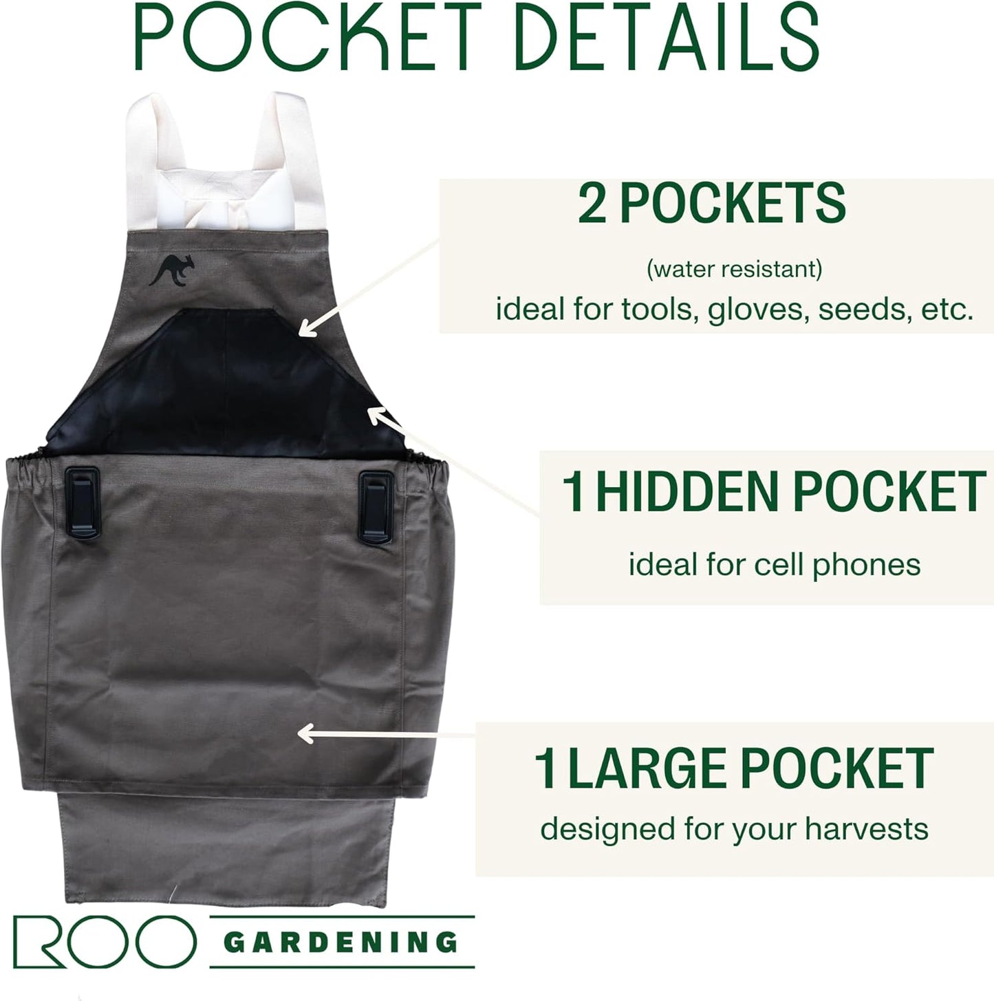 Roo Gardening Apron with Pockets & Harvesting, Picking Pouch - Adjustable, Water-resistant, Washable Canvas Cotton