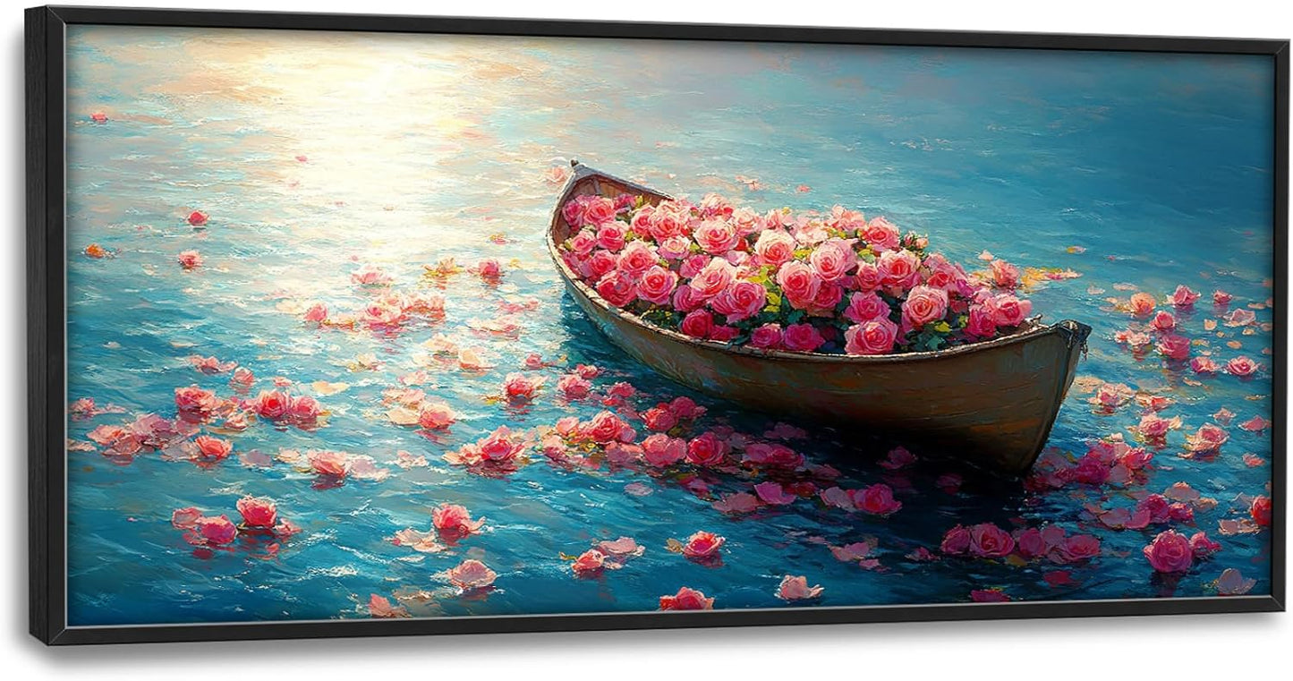 Large Lake Floral Landscape Wall Art for Living Room, Nature Boat Flower Canvas Oversized Wall Decor, Rose Scenery Framed Pictures Painting Print Artwork for Bedroom Office 60L" x 30W"