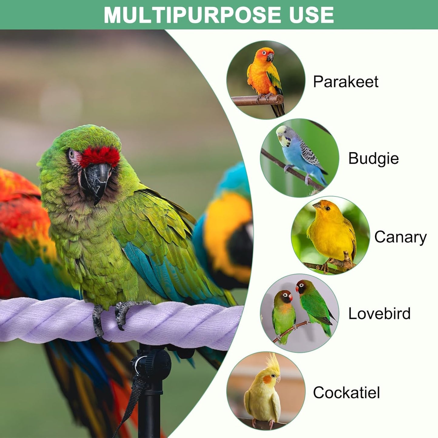 2-Pack Rope Perches for Bird Cages, 31.5 in Length Comfort Grip Flexible Rope Perch Beak & Paw Grinding for Parrots/Cockatiels/Parakeets, Bird Platform Sand [Purple]