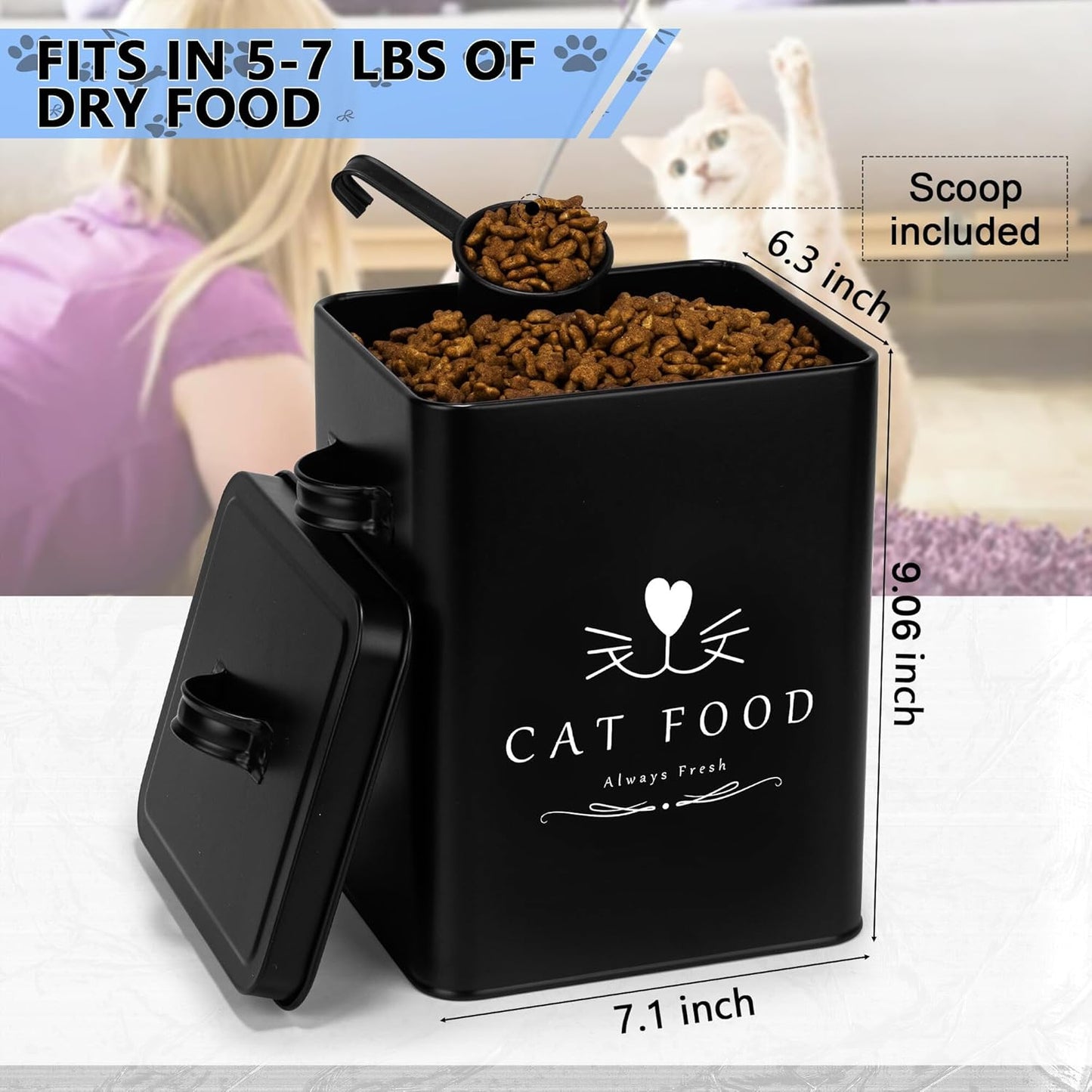 Meraki Home Farmhouse Cat Food and Treats Containers + Feed Scoop + Pet Food Bowl - Tight Lids - Large Metal Storage Bin - Great Gift for Cute Pets (Matte Black)