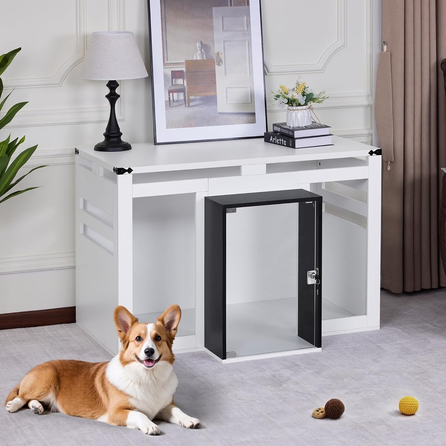 Lovupet Wooden Dog Crate Furniture, Villa Style Dog Kennel for Medium Breed with Glass Door and Acrylic Panels, GC34 (White)