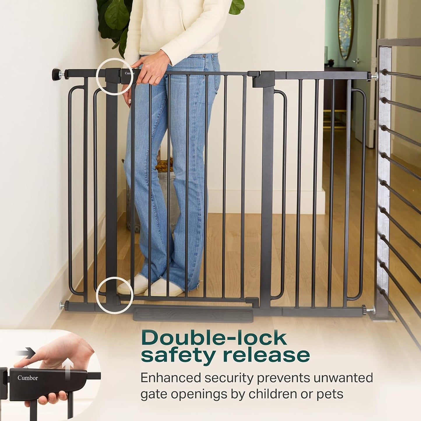 Cumbor 36" Extra Tall Baby Gate for Stairs, 29.7-57" Extra Wide Dog Gate for Doorways Hallways, Pressure Mounted Child Gate for Wide Opening, Auto Close Personal Safety for Babies and Pets, Black