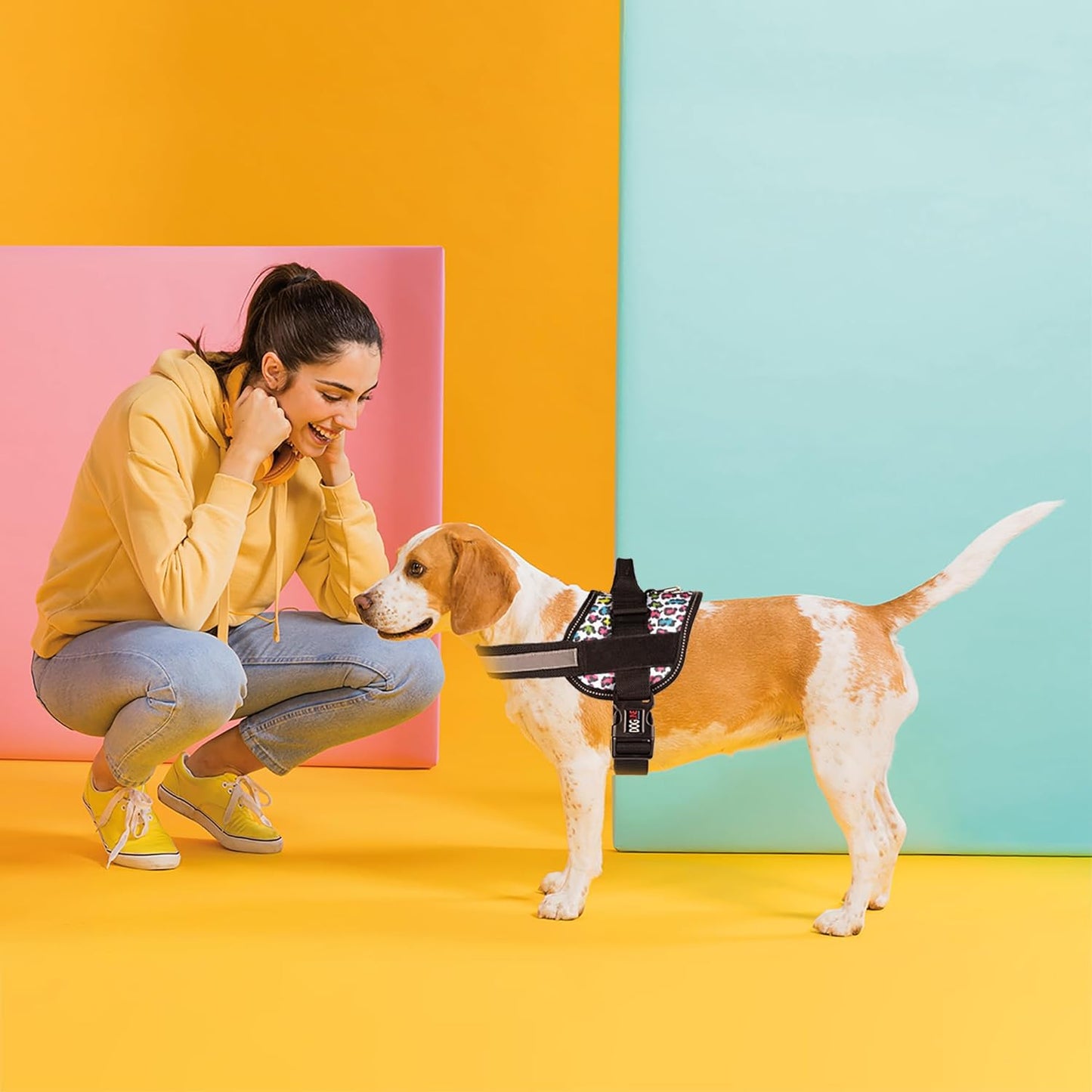 Dogline Dog Harness, Reflective No-Pull Adjustable Vest with Handle for Walking, Training, Breathable, No - Choke Harness for Small, Medium or Large Dogs Room for Patches Leopard Rainbow L 27"-34"