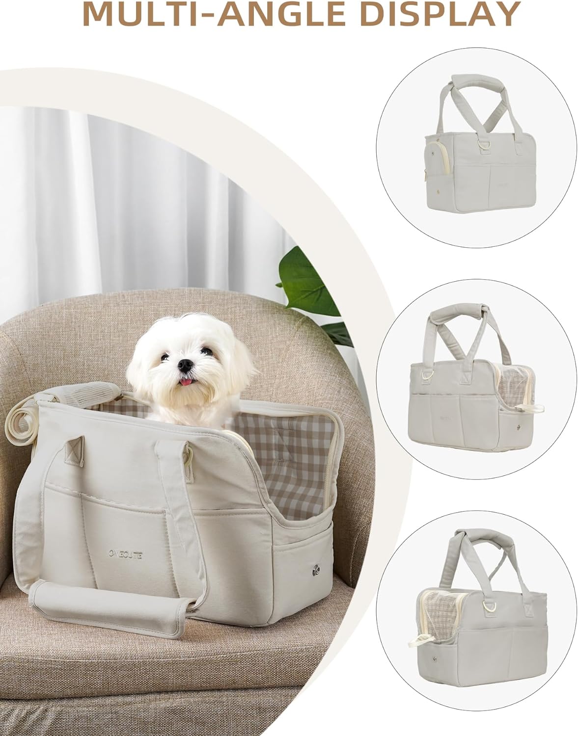 Dog Purse Carrier for Small Dogs Rabbit cat with Large Pockets, Cotton Bag, Dog Carrier Soft Sided, Collapsible Travel Puppy Carrier (Grey, 13.6" L x 6.5" W x 10" H)