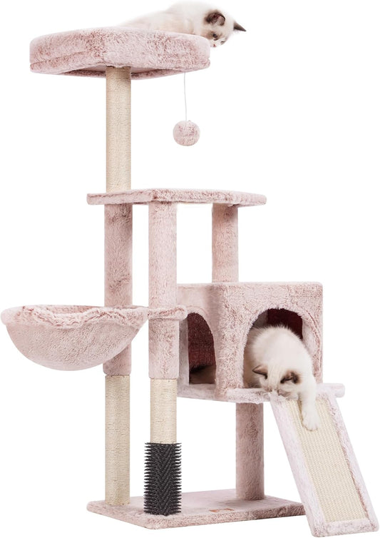 Heybly Cat Tree with Cat Self Groomer Brush, Cat Tower Condo for Indoor Cats with Padded Plush Perch, Cat House with Basket Scratching Board Post, Muchroom HCT005SMU