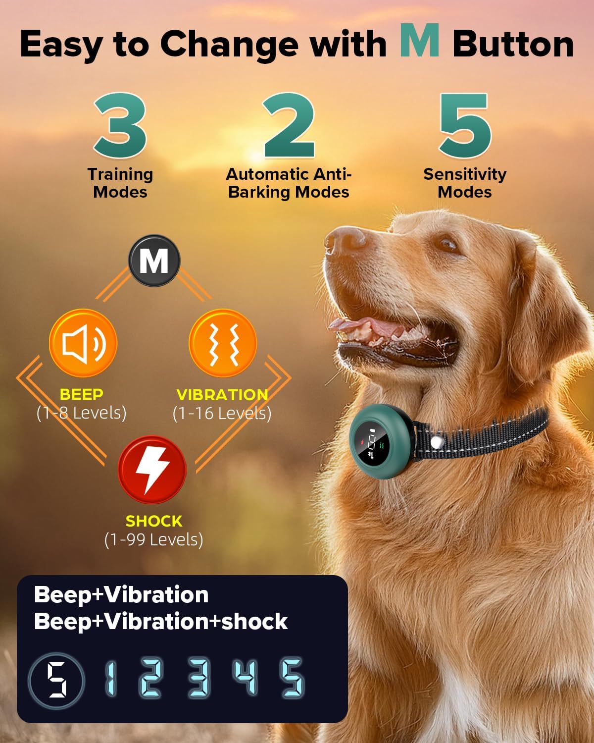 [New 2025] 2-in-1 Dog Shock Collar & Bark Collar – 3300FT Dog Training Collar with Remote, Automatic Anti-Barking, 5 Adjustable Sensitivity Levels, IP67 Waterproof E-Collar for Small Medium Large Dogs