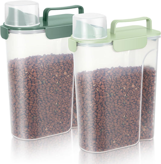Dog Food Storage Container, Upgraded Large Nozzle BPA-free, 8-12 LBS Plastic Pet Food Storage Containers, With 4 Sealed Clasps, 1 Measuring Cup and Handle (2, Green+Dark Green, 5L)