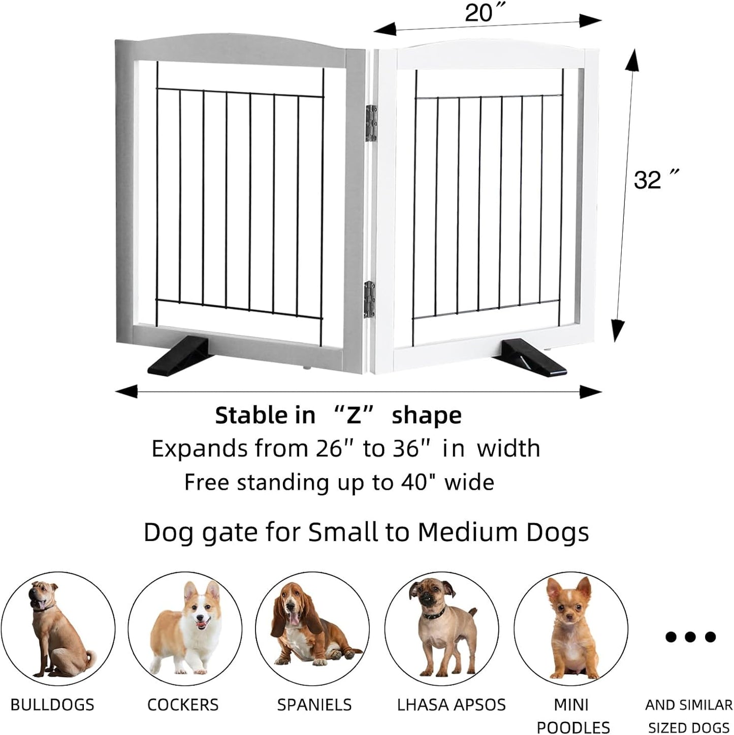 ZJSF Freestanding Dog Fence Indoor, Foldable Dog Gate for Doorways, Stairs or Hallways, Sturdy Wood Extra Wide Pet Gate with Support Feet for The House, White, 32 "Height-2 Panels