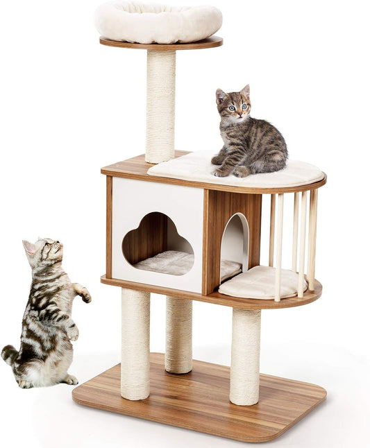 Tangkula Modern Wood Cat Tree, 46 Inches Cat Tower with Platform, Cat Activity Center with Scratching Posts and Washable Cushions, Wooden Cat Condo Furniture for Kittens and Cats (Natural)