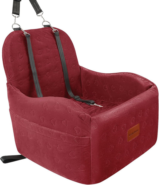 Dog Car Seat for Small/Medium Dogs,6in Elevated Cushion,Fits in Front/Back Seat,Fully Detachable and Washable,2 Storage Pockets,Easy to Install (Red, Medium)