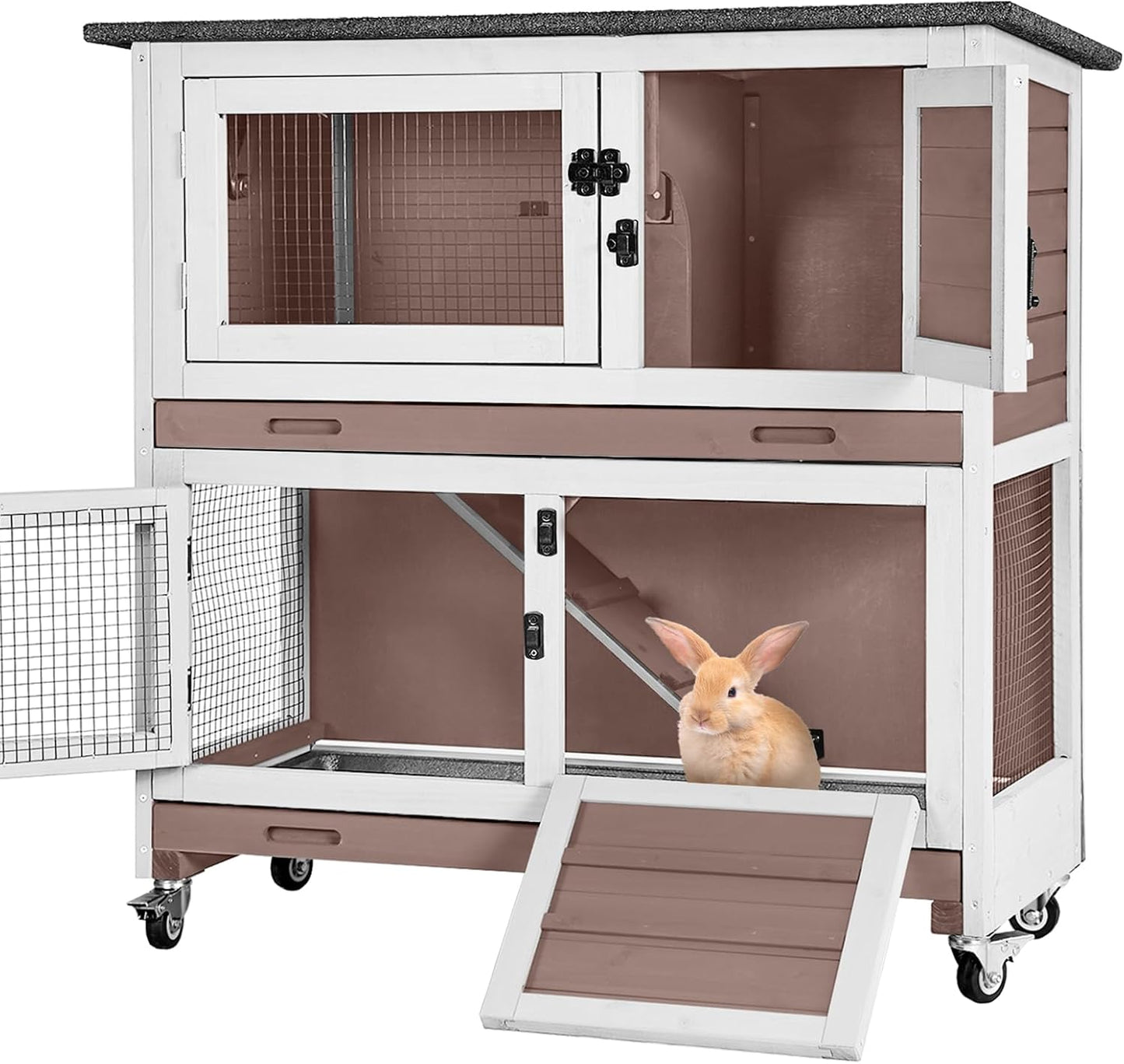 Aivituvin Rabbit Hutch Indoor Bunny Cage Outdoor 2 Story Pet House Guinea Pig Cage on Wheels 36" (Brown)