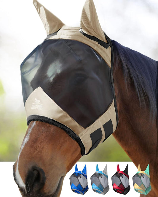 Harrison Howard Pro Luminous Horse Fly Mask Large Eye Space Standard with Ears UV Protection for Horse Light Champagne Medium Cob
