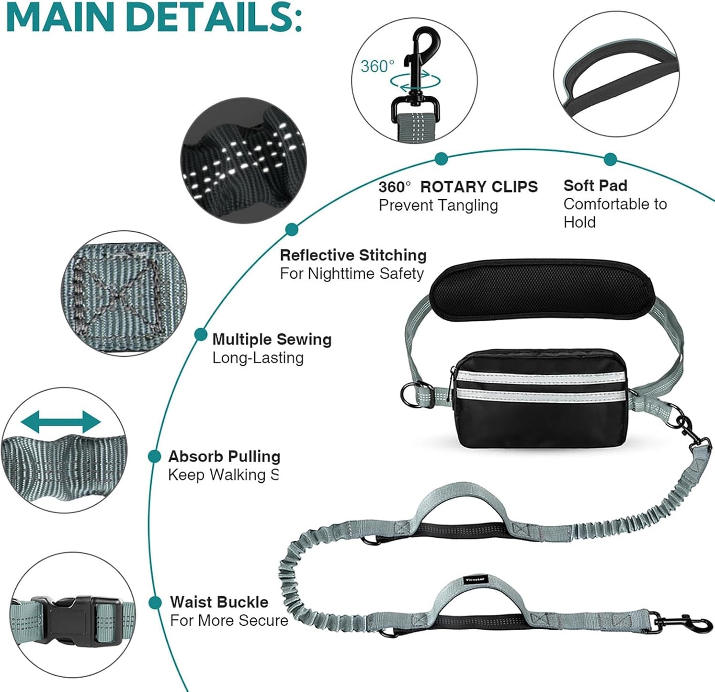 Hands Free Dog Leash with Pouch, Adjustable Waist Belt with Double Padded Handles, Waist Leash for Dog Walking, Dog Leash with Bungee for Medium & Large Dog, Dog Walking Accessories, Olive