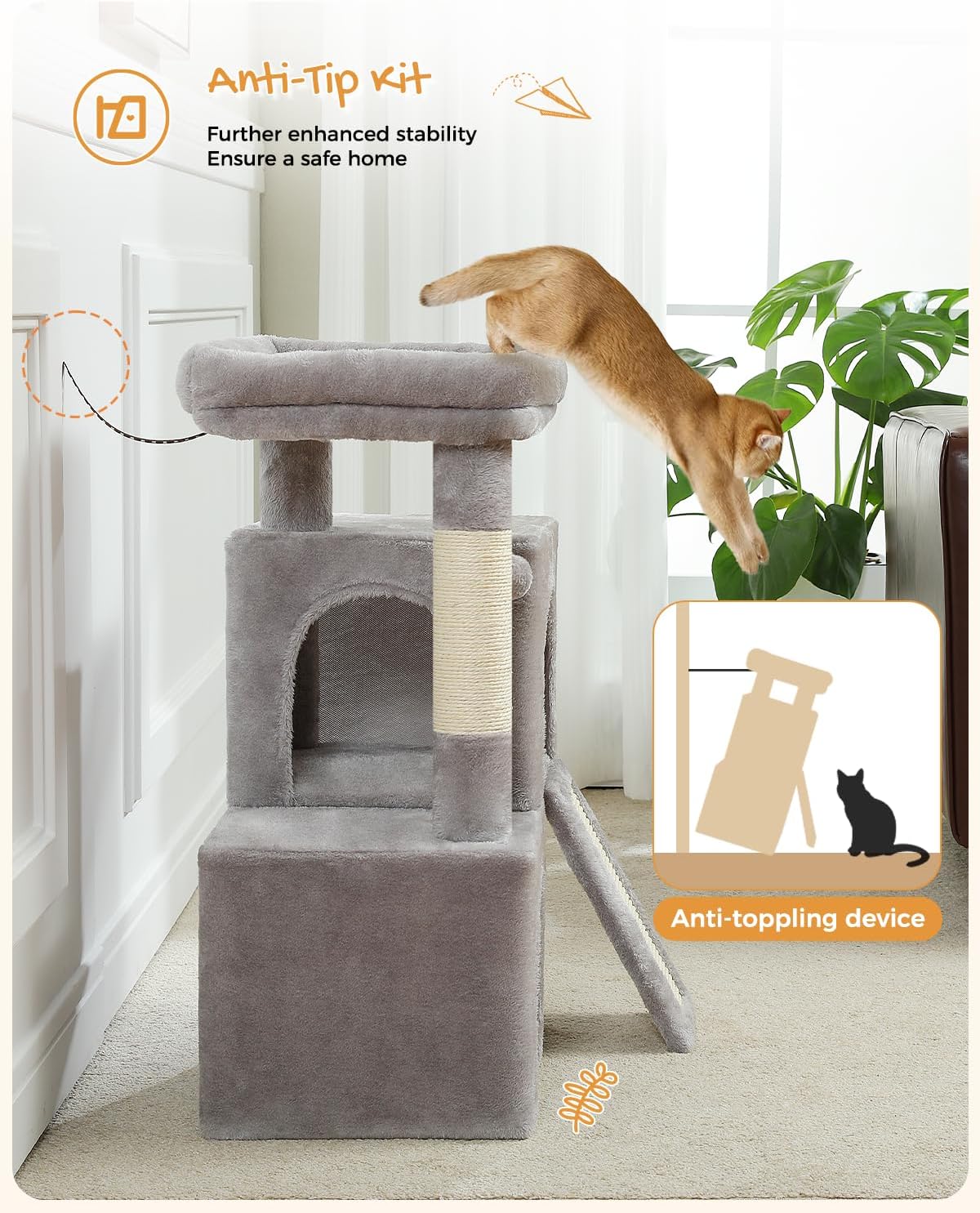 PAWZ Road Cat Tree, 30 Inches Cat Tower with Dual Condos for Indoor Cats, Plush Cat House with Padded Perch, Scratching Ramp and Posts and Replaceable Balls-Gray