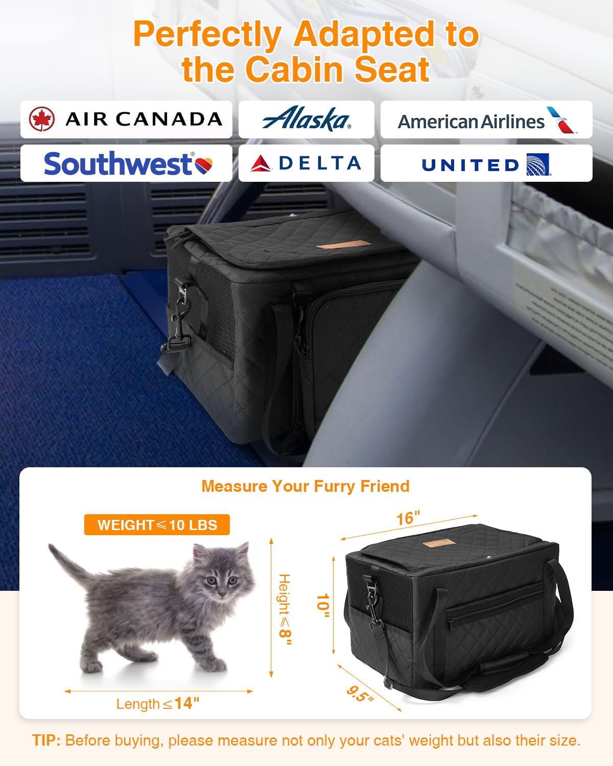 PETUX Small Cat Carrier - Pet Carrier Airline Approved for Kitten Under 10 lb - Escape-Proof, Foldable & Portable Cat Carriers for Travel, Vet Visits with Removable Bag, Safety Buckle ＆ Leash - Black