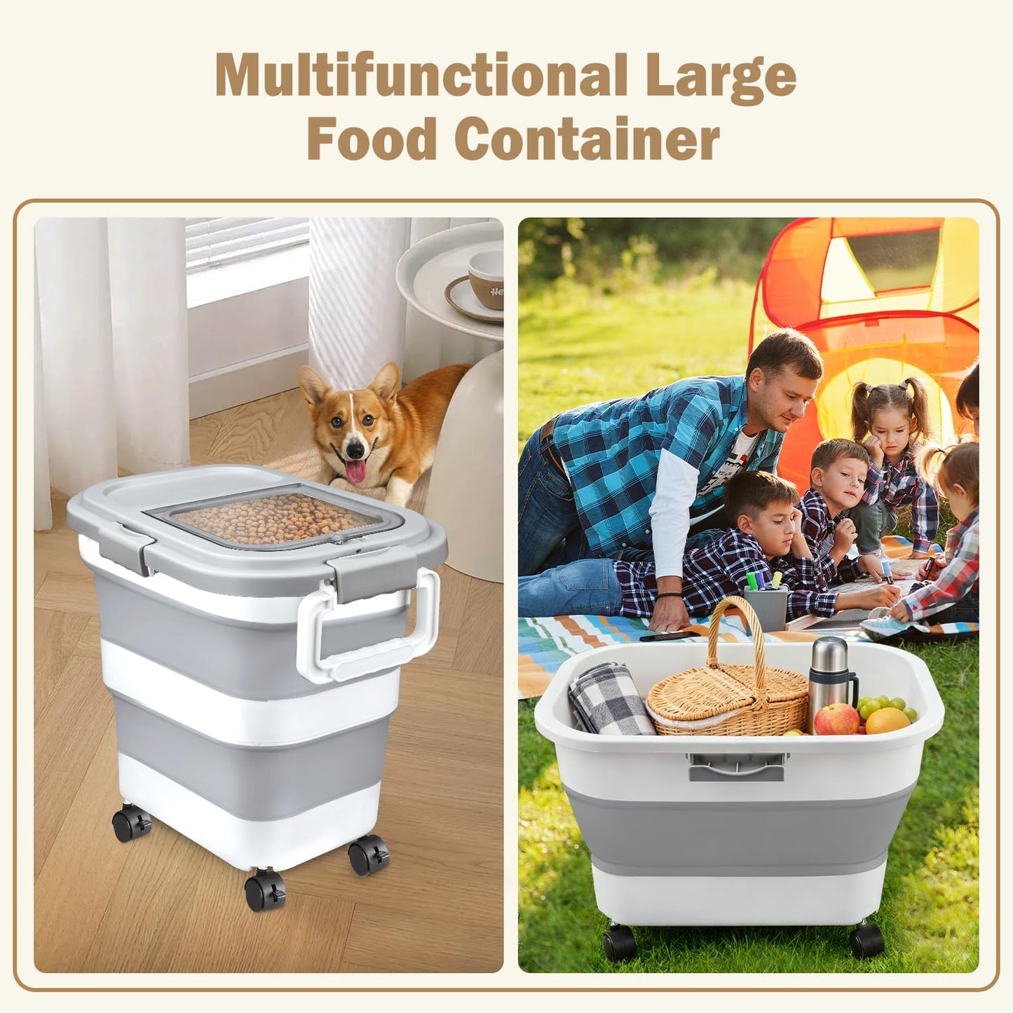 Rice Storage Container, Collapsible Airtight Food Storage Containers 6-20 Lbs, Rice Dispenser Bin with Cup and Scoop for Flour Cereal Pasta Grain, Cat Bird Pet Dog Food Storage Container