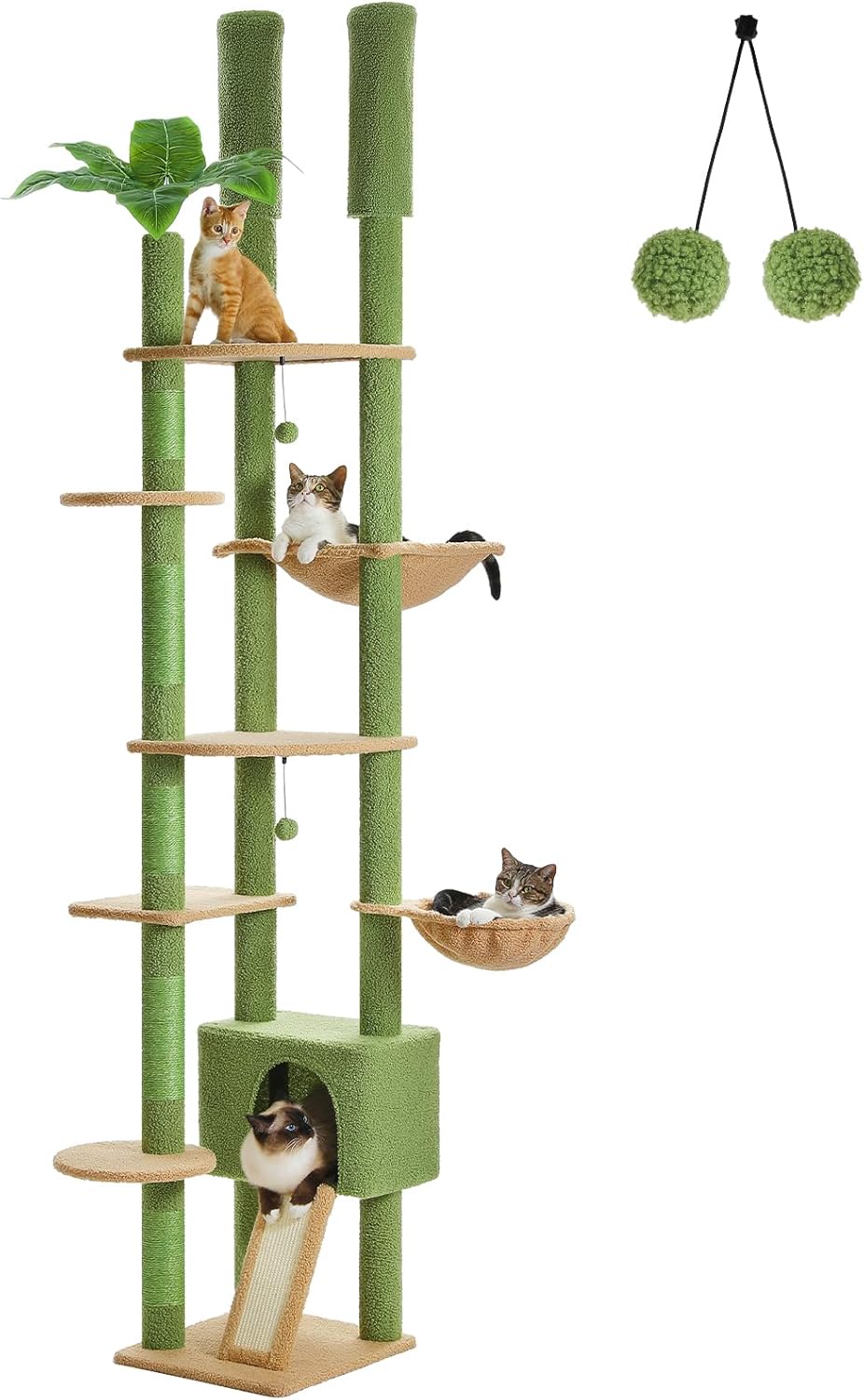 PEQULTI Tall Cat Tree, Floor to Ceiling Cat Tree Tower Adjustable [90.5''-100.4''=230-252CM] with Cat Condo, Cat Hammock and Scratching Post, Climbing Tree for Indoor Large Cats, Green