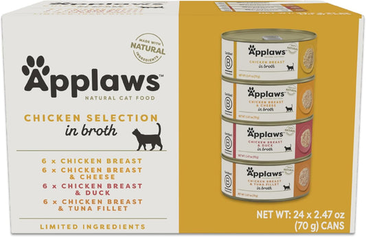 Applaws Natural Wet Canned Cat Food, Made with Limited and Natural Ingredients, Real Protein with No Artificial Additives, Chicken Selection Variety Pack in Broth (24 x 2.47oz Cans)
