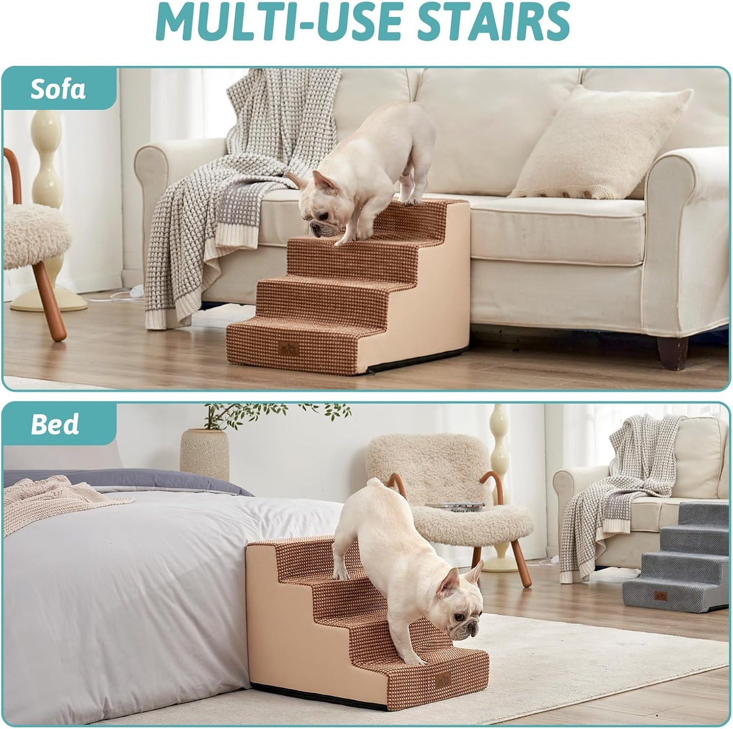 Dog Stairs for Small Dogs, 4 Tier Wider Pet Stairs for Couch and Beds, 17.7" H Non-Slip Dog Steps for Old Cats, Puppy, Small Medium Dogs, 17.7x23.6x17.7 inch, Light Brown