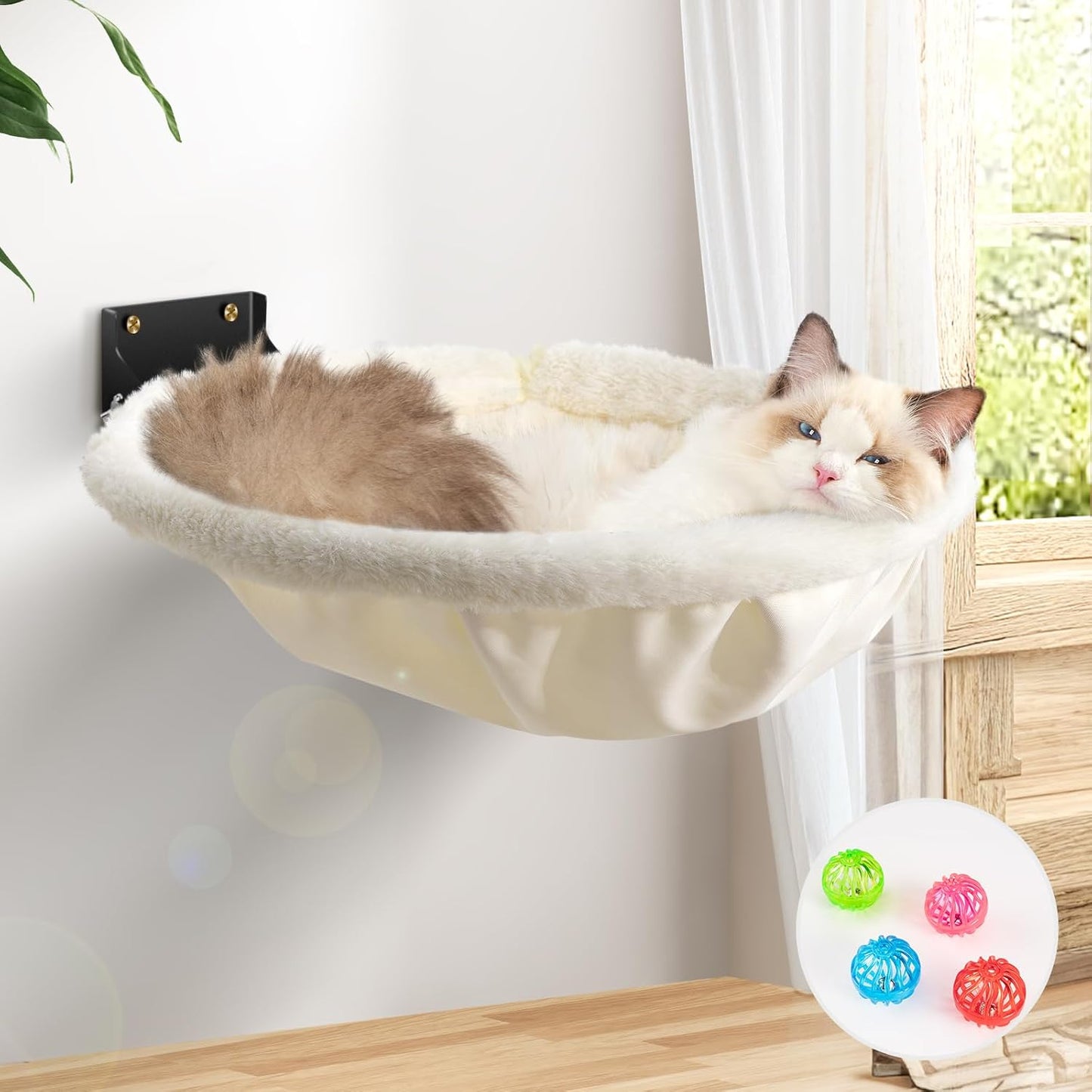 Cat Hammock Wall Mounted, Foldable & Stable Cat Beds- Breathable Cats Wall Shelves for Sleeping, Playing, Climbing, and Lounging - Maximum Hold Up to 30lb（Cream,Faux Rabbit Fur）