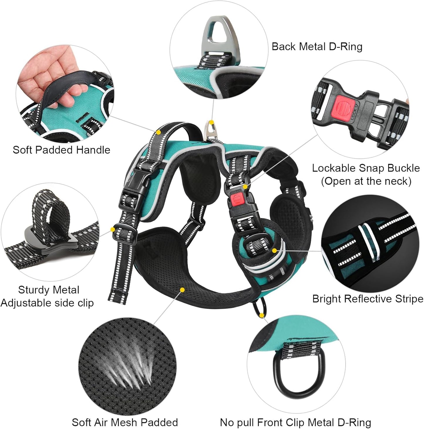Timos Dog Harness, No-Pull Pet Harness with 2 Leash Clips, Adjustable Soft Padded Dog Vest, Reflective Outdoor Pet Oxford Vest with Easy Control Handle Turquoise