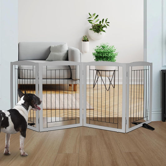 ZJSF Freestanding Dog Fence Indoor, Foldable Dog Gate for Doorways, Stairs or Hallways, Sturdy Wood Extra Wide Pet Gate with Support Feet for The House, Grey, 32 "Height-4 Panels