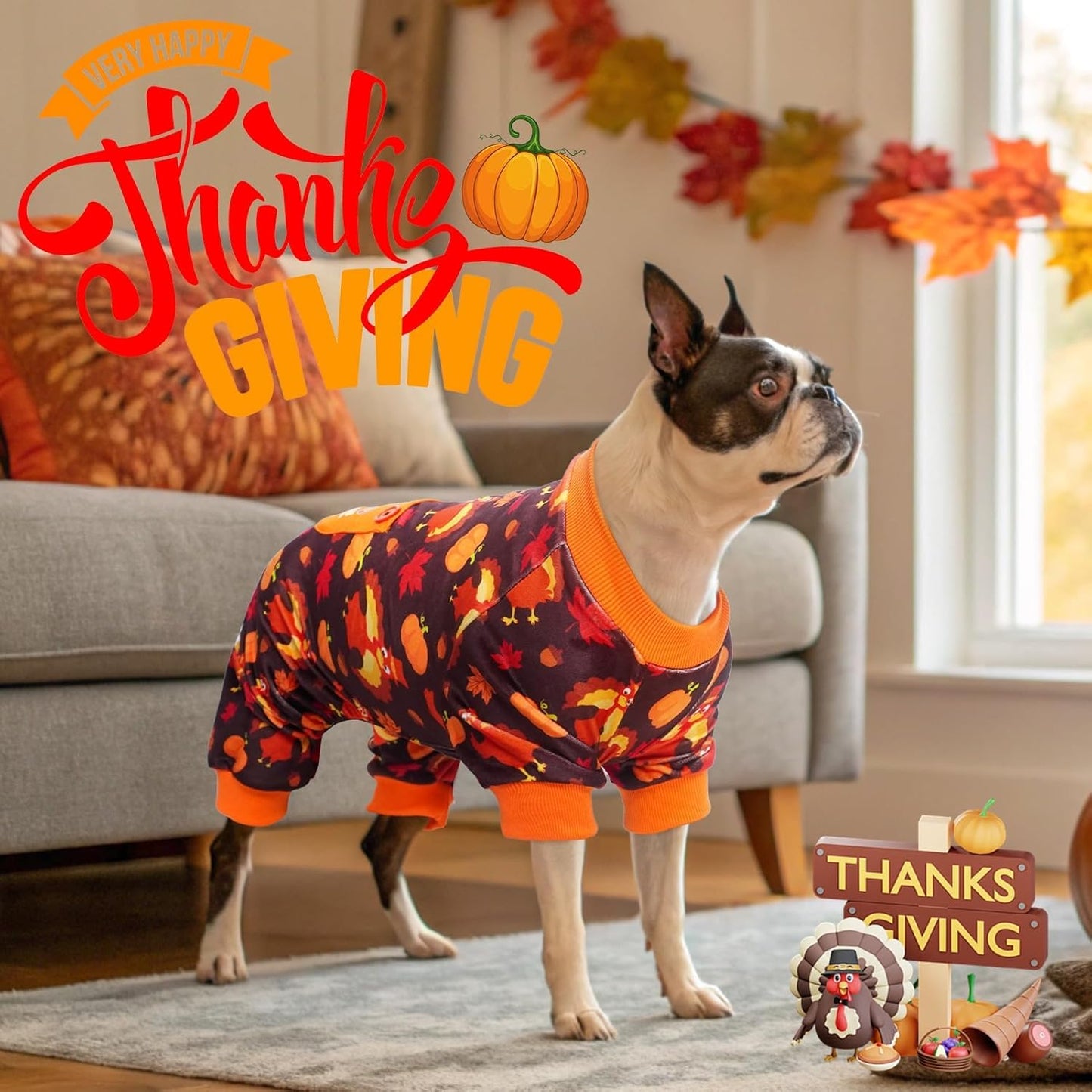 BEAUTYZOO Dog Thanksgiving Pajamas Large Sized Dog, Fleece Funny Ghost Pumpkin Costumes for Dogs, Soft Stretchable Doggy Onesie with Feet, Pet Apparel Clothes for Large Dogs Boy Girl, Orange L