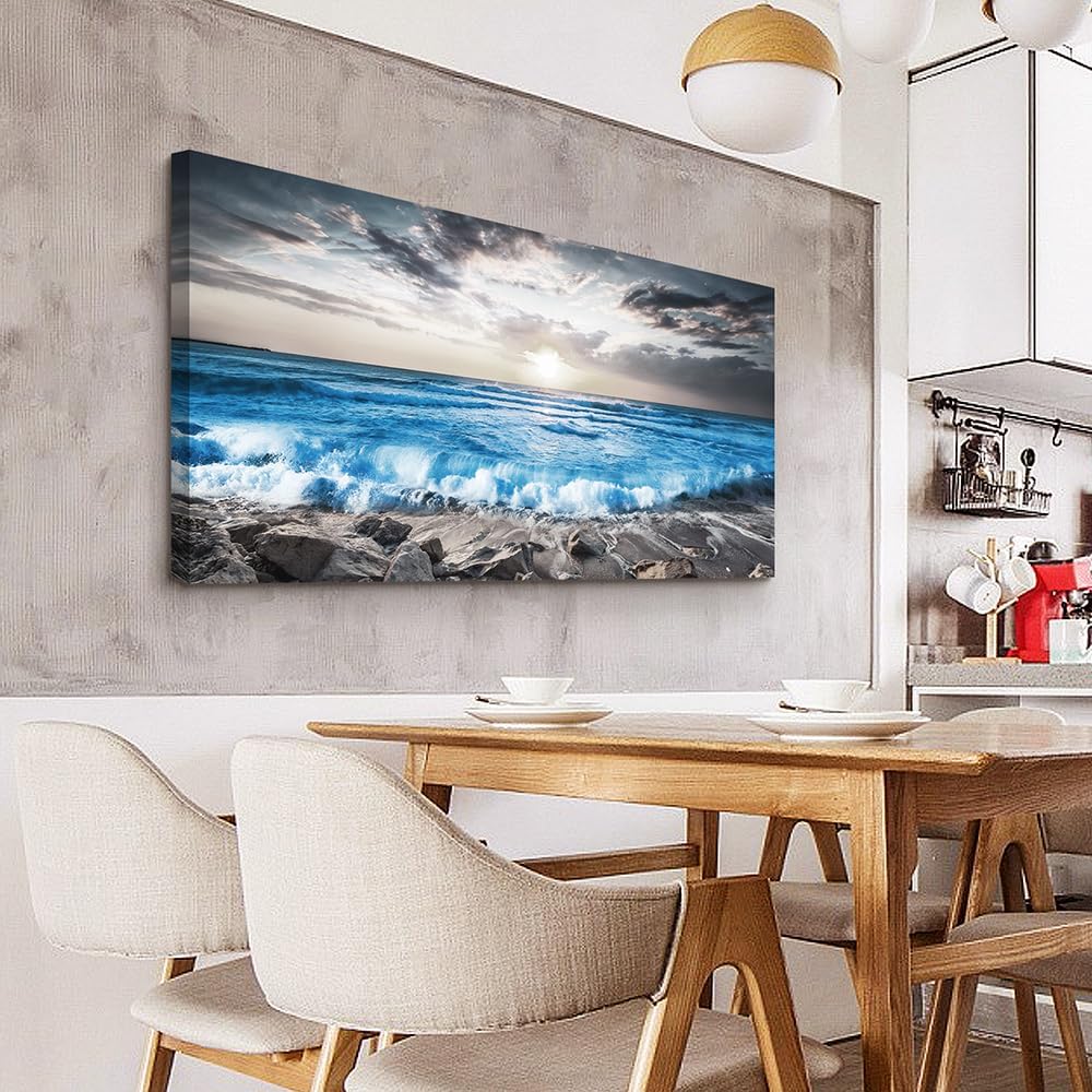 Lapremoly Large Wall Decoration For Living Room Framed Canvas Wall Art For Bedroom Office Wall Decor Black And White Beach Wall Painting Blue Sea Wave Pictures Artwork Modern Hotel Room Home Decor