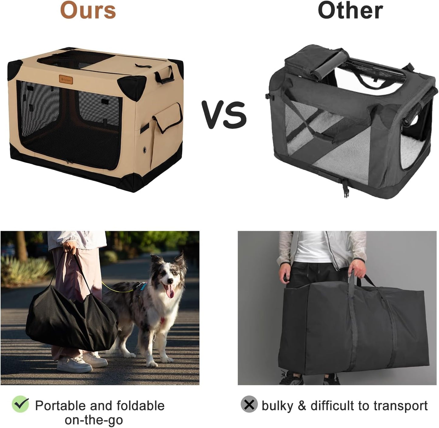 36 Inch Collapsible Soft Dog Crate for Large Dogs, 4-Door Foldable Travel Dog Kennel with Durable Mesh Windows for Indoor & Outdoor Portable Pet Crate, Soft Side Dog Crate, Beige