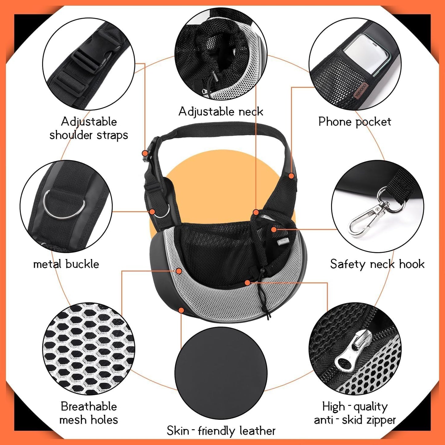 YUDODO Pet Sling Carrier for Small Dogs & Cats – Hands-Free Puppy Carrier with Safety Hook, Large Zipper Pocket, Soft Breathable Mesh, Adjustable Strap & Reflective Strip (Gray 3.0 M)