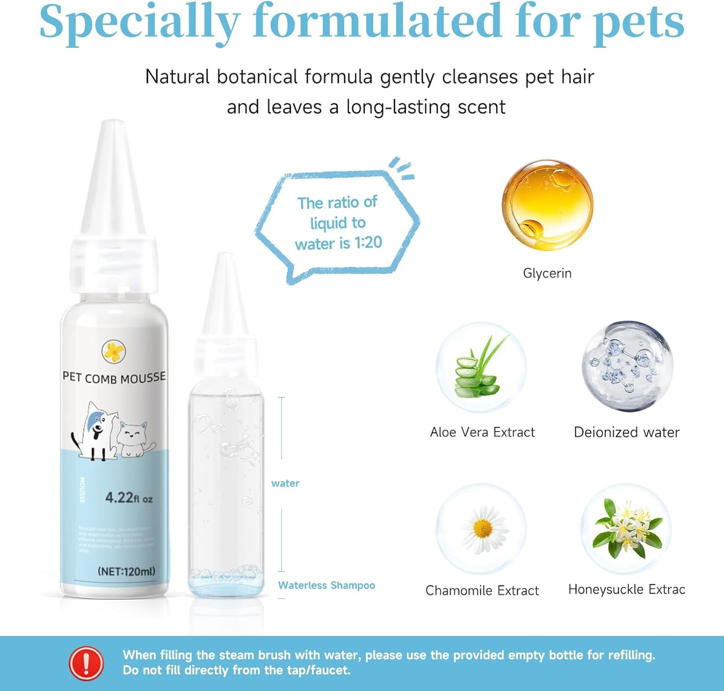 Pet Steam Brush for Dog & Cat–3-in-1 Spray Hair Removal Comb–Steam Brush for Shedding & Grooming–Water Brushes for Long & Short Haired Pets–Spritz Defur Comb–Includes Waterless Shampoo & Ear Wipes