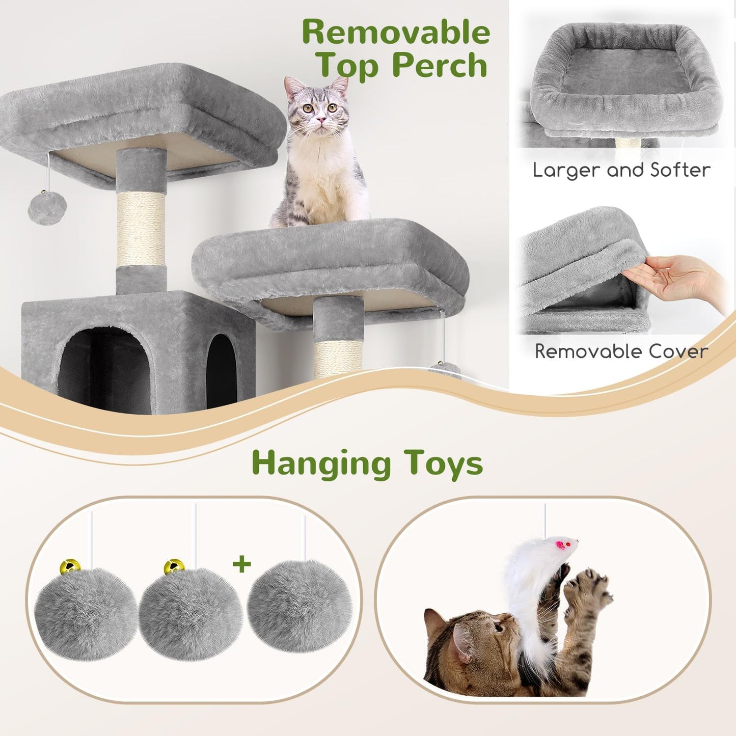 Globlazer Cat Tree Tower, 76-Inch Extra Tall Multi-Level Cat Furniture with Cozy Condos, Hammock and Perches for Adult Cats, Perfect for Climbing, Scratching, and Play, F76, Light Grey