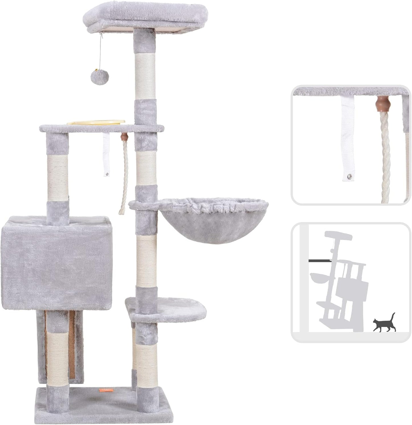 Heybly Cat Tree, Cat Tower for Indoor Cats with Scratching Board, Multi-Level Cat Furniture Condo with Feeding Bowl, Light Gray HCT010MW