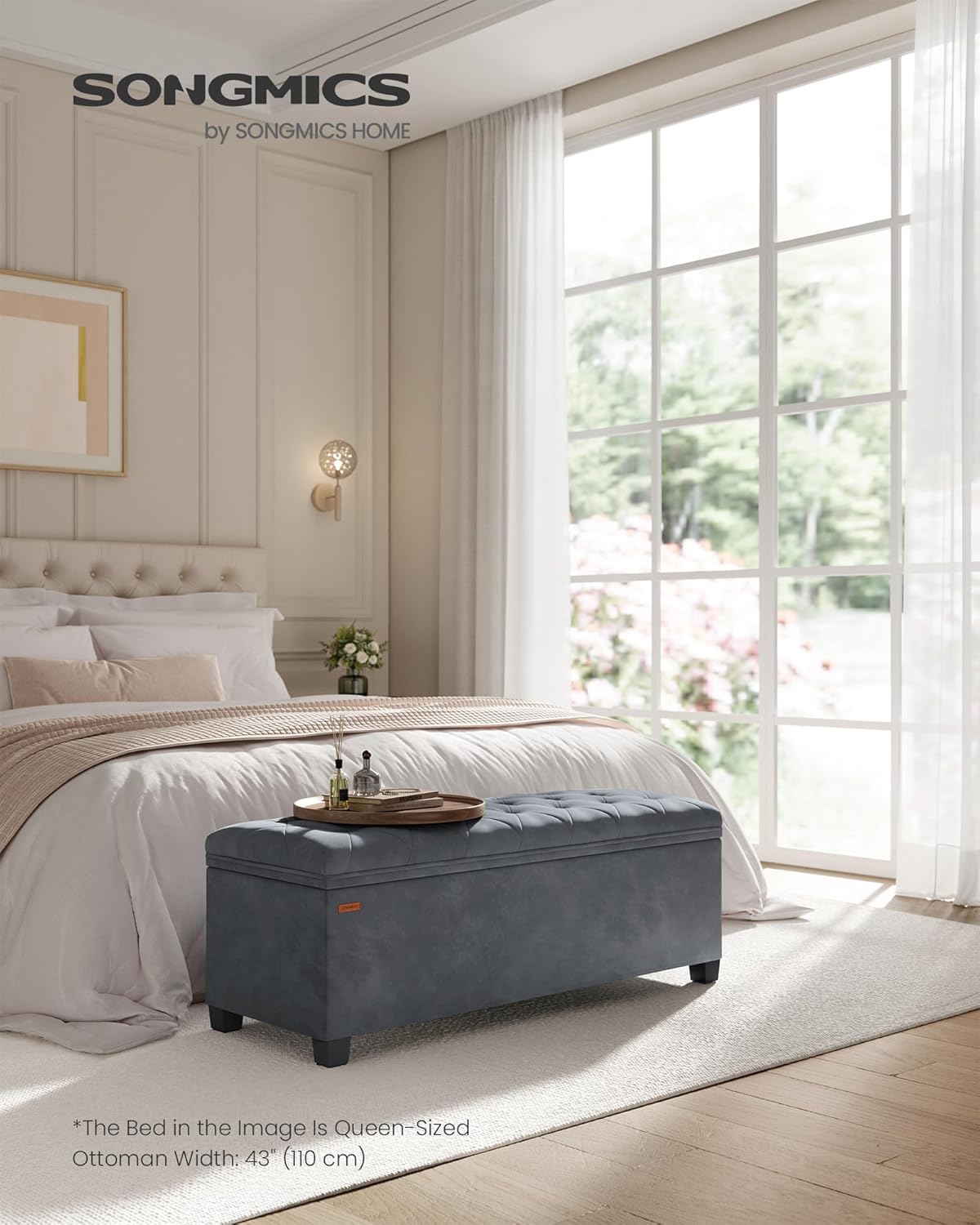 SONGMICS Velvet Storage Ottoman Bench, Foot Rest with Legs, 15.7 x 43 x 15.7 Inches, End of Bed Bench, Storage Chest, Load up to 660 lb, for Living Room, Bedroom, Entryway, Slate Gray ULSF089G01