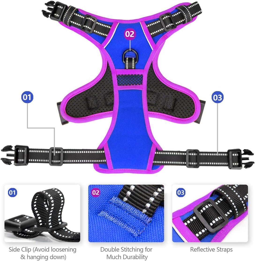 PHOEPET 2019 Upgraded No Pull Dog Harness, Reflective Adjustable Vest, with a Training Handle + 2 Metal Leash Hooks+ 3 Snap Buckles +4 Slide Buckles(M, Royal Blue)