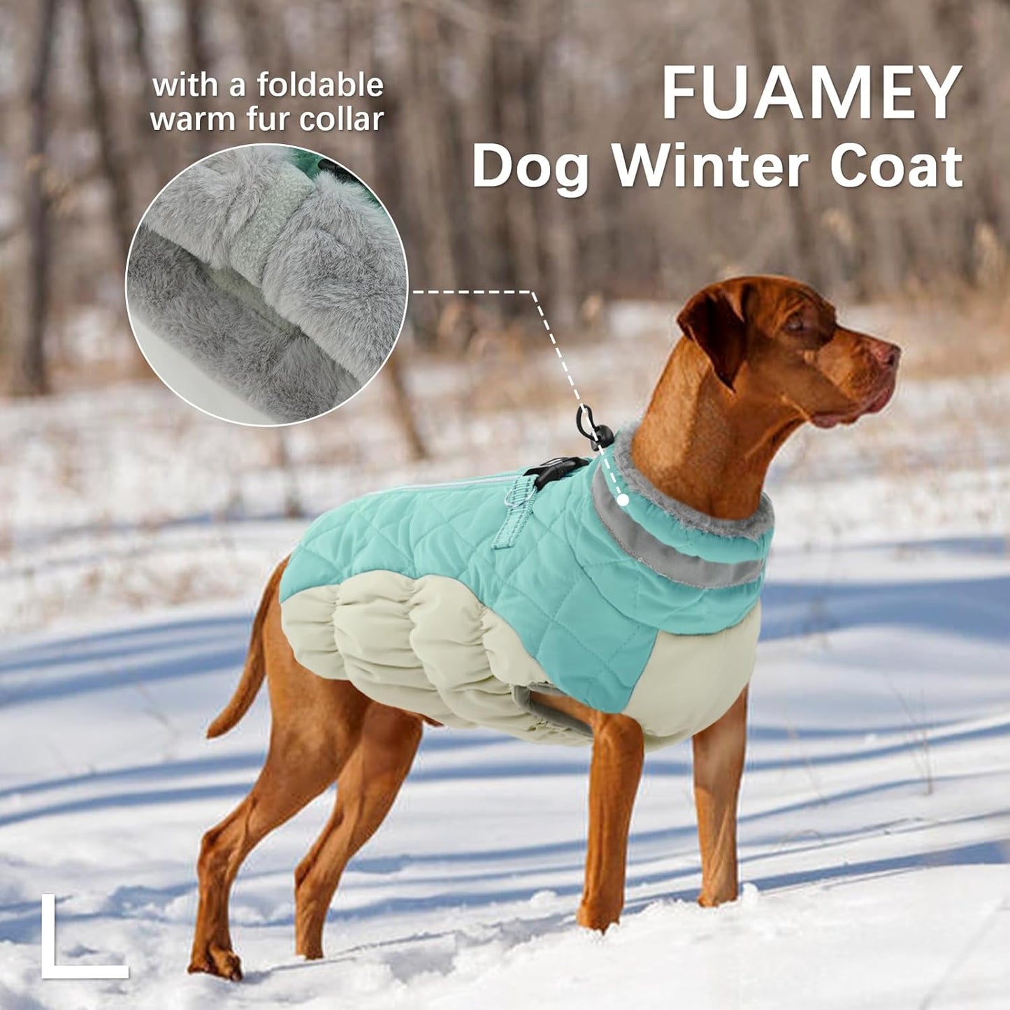 FUAMEY Dog Coat for Medium Dogs,Waterproof Dog Winter Jacket with Harness Built in Puppy Cold Weather Coats Reflective Pet Vest with Zipper Warm Fleece Dogs Snowsuit Windproof Mint Green M
