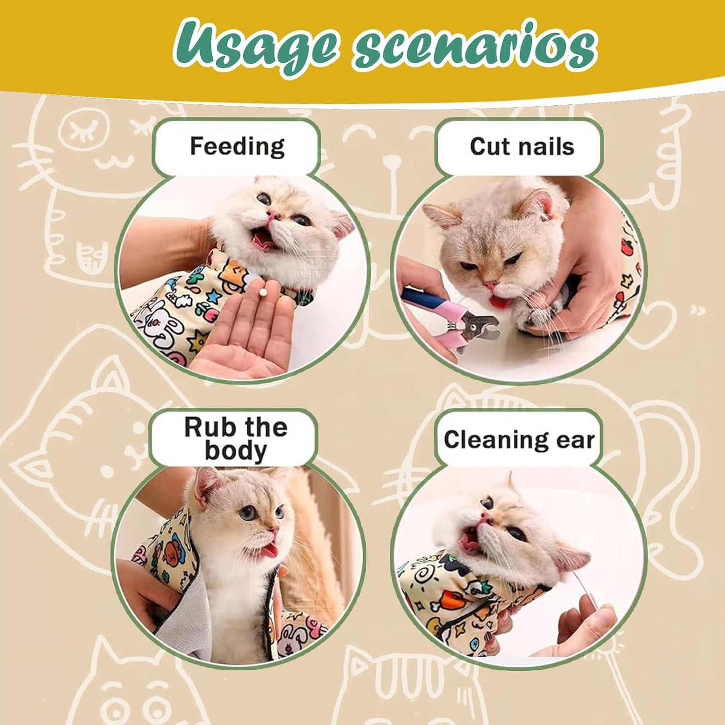 Cat Wrap for Cutting Nails and Grooming(27" x27"), Cat Restraint Wrap for Nail Clipping,Self-Adhesive Fabric Cat Swaddle Burrito Wrap for Nail Trimming (Graffiti Style)