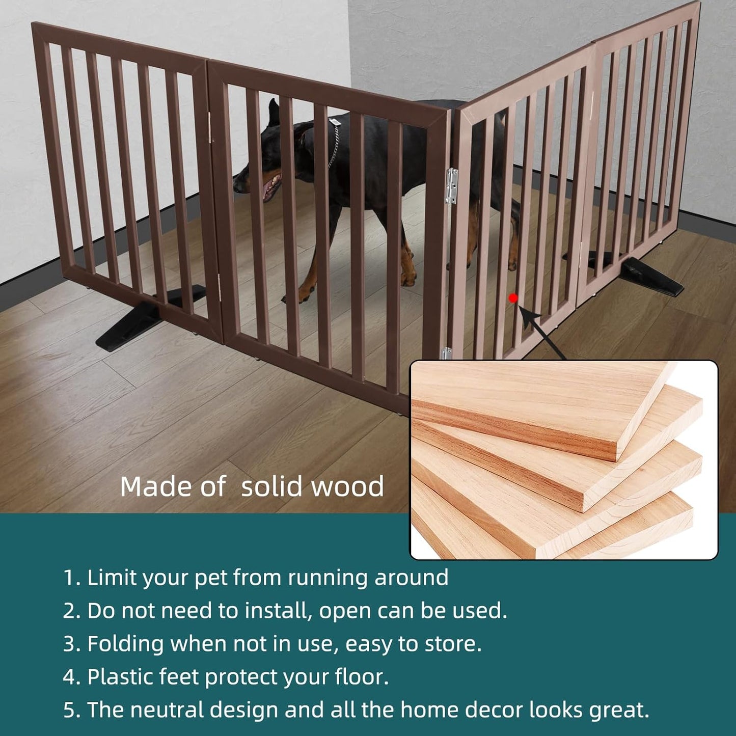 ZJSF Freestanding Indoor Dog Gate for House Foldable Wood Puppy Gate for Doorways Pet Gate for Stairs Extra Wide Pet Fence, Brown, 32" Height 4 Panels