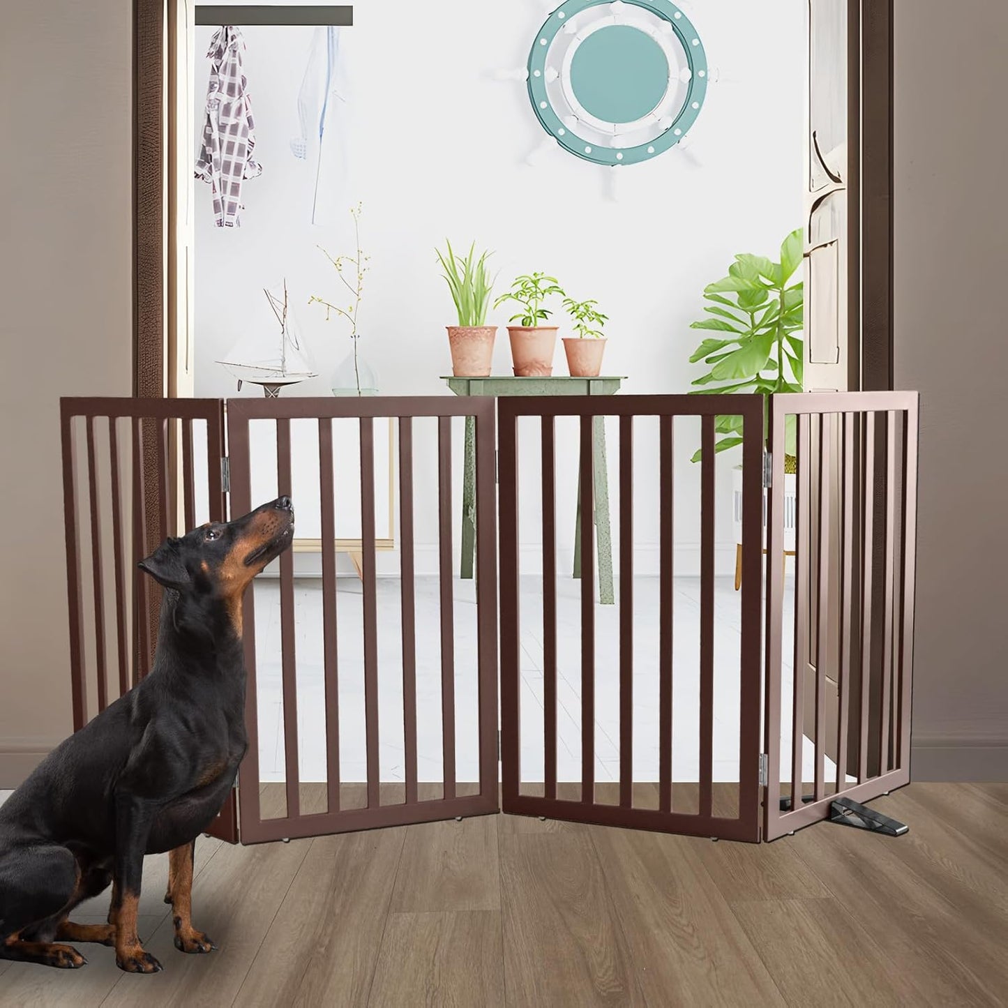 ZJSF Freestanding Indoor Dog Gate for House Foldable Wood Puppy Gate for Doorways Pet Gate for Stairs Extra Wide Pet Fence, Brown, 32" Height 4 Panels