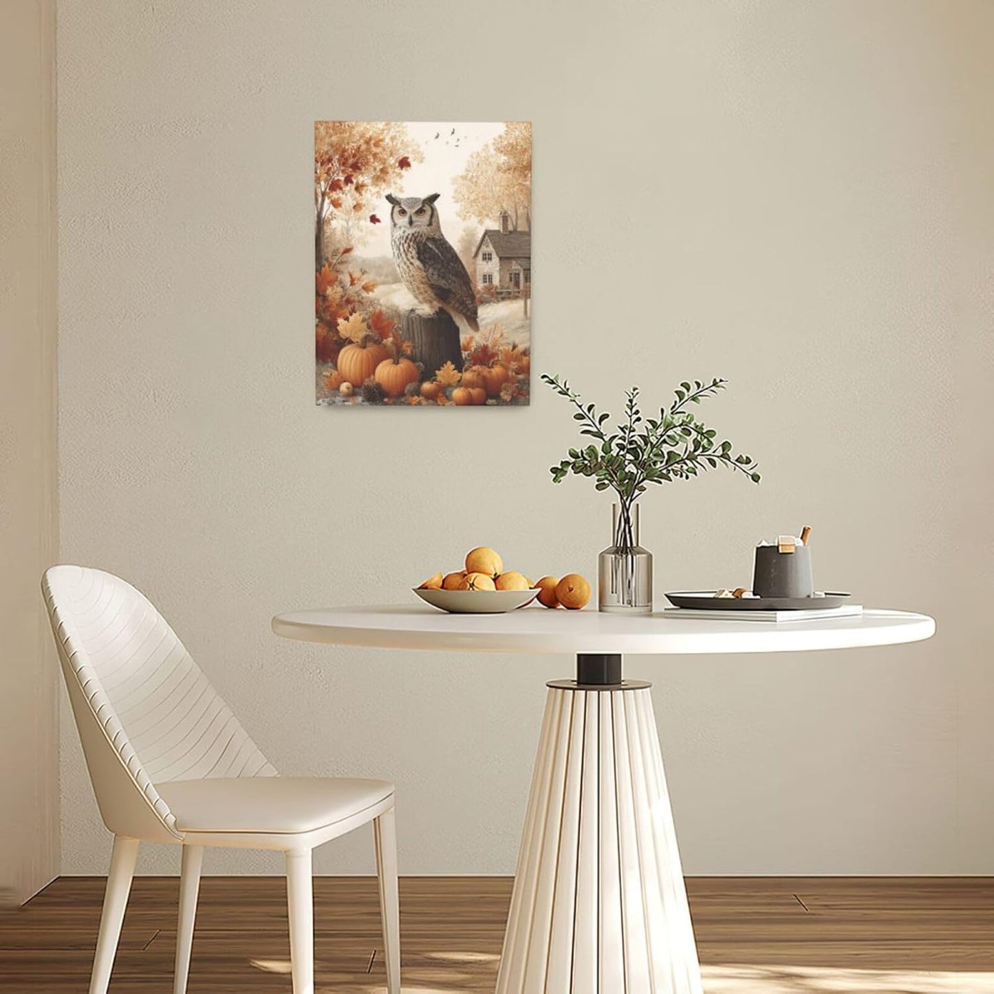 Fall Owl Wall Art Autumn Pumpkin Leaves Wall Decor Rustic Canvas Print Farmhouse Pictures Painting Print Framed Artwork Decorations Gifts for Living Room Bathroom Bedroom Office 12"x16"