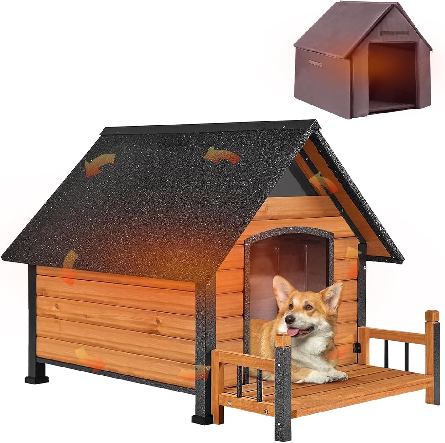 AIVITUVIN Outdoor Dog House with Anti-Chewing Iron Surround Insulated Liner Dog Kennel for Large Breed Dog Shelter Weatherproof (Brown 50.9" D x 37.4" W x 37.2" H)