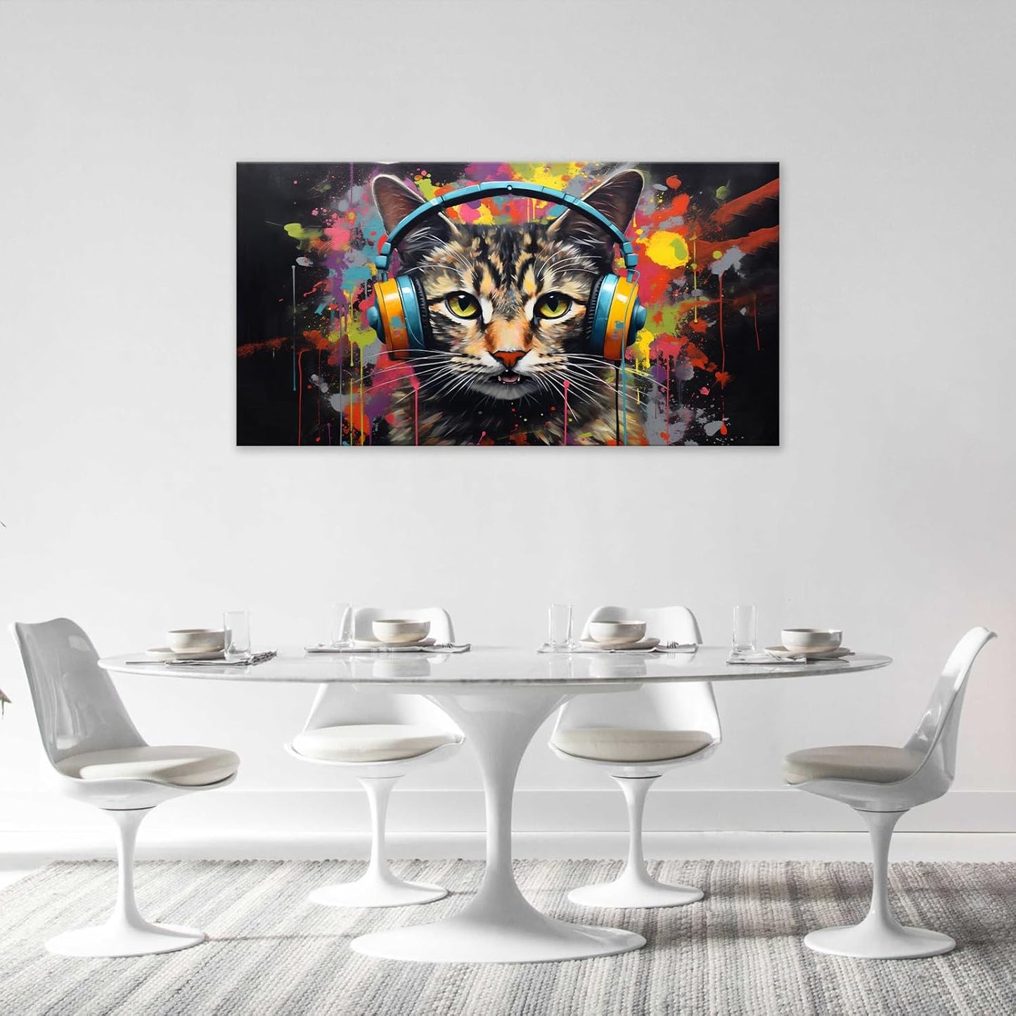 Large Banksy Cat Wall Art Colorful Graffiti Canvas Living Room Pictures Framed Prints Street Pop Modern Wall Decor Painting Artwork for Bedroom Dining Office Home 60"x30"